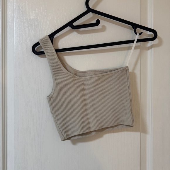 Beige Ribbed One-Shoulder Crop Top - Picture 6 of 7